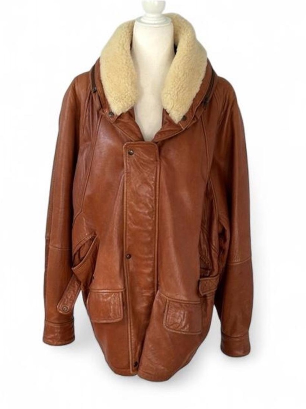 Vintage Eagle Shearling Sherpa Leather Coat Brown Made in Turkey 80s Size XL
